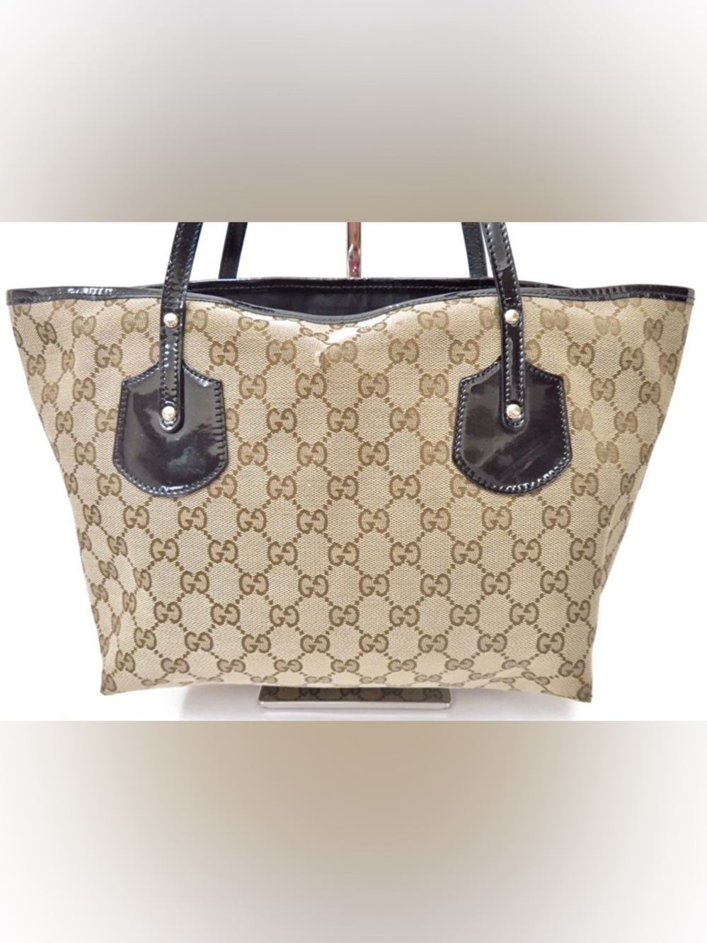 Gucci Beige GG Monogram Canvas Patent Leather Tote Bag - Picture 7 of 16